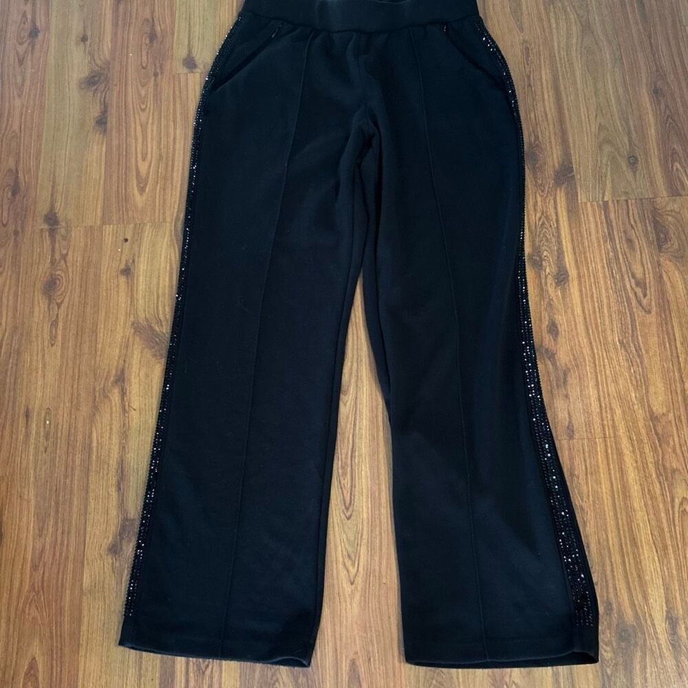 Elie Tahari black crystals stripe tuxedo knit wide leg pants with crystal side s